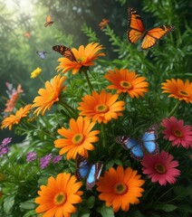 a vibrant orange daisy bouquet with multiple colorful butterflies flying around it amidst lush greenery, colorful flowers, greenery, floral arrangement