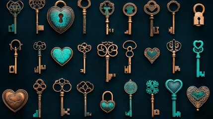 Vintage keys arranged in various styles and shapes.