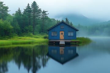Fototapeta premium Serene blue lake house reflected in calm water, misty forest.