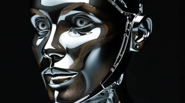 On a black background, a futuristic metallic humanoid face