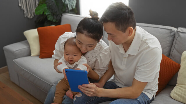 Family sitting together in living room as mother father and baby enjoy quality time indoors with a toddler boy exploring a tablet in a cozy home environment.