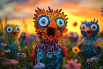 Fototapeta premium Colorful birds in flower field