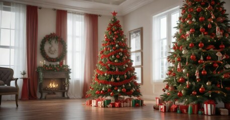 A vibrant red and green Christmas tree decorated with shiny bells and garlands , holiday, decorations, winter