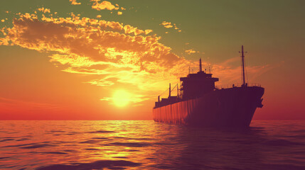 Fototapeta premium cargo ship sailing on calm waters during vibrant sunset, with colorful clouds reflecting in sky. scene evokes sense of tranquility and adventure