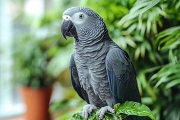 Obraz premium Grey Parrot Perched Among Lush Green Foliage