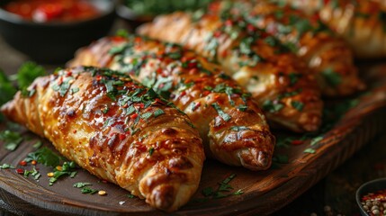 Baked Croissants Stuffed with Meat and Vegetables on a Wooden Board