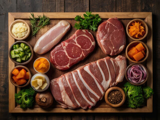 Vista superior de una tabla de madera con diferentes tipos de carne cruda  © Leonardo