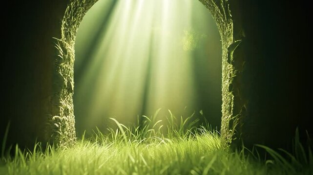 A serene archway revealing lush green grass and soft light.