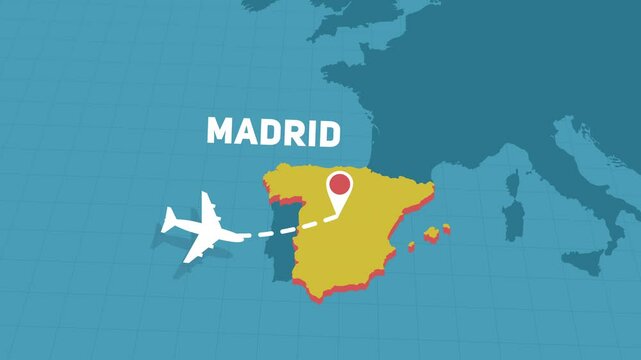 plane fly to Madrid in Spain, 2d aircraft flight and landing animation with map of country in Europe, travel and holiday concept