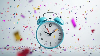 3D Render of a Minimal Alarm Clock with Colorful Floating Confetti on Transparent Background, Representing Time Management, Planning, and Wake-Up Reminder Concept.

