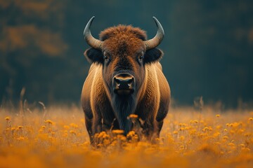Naklejka premium Majestic European Bison Stands in Autumnal Field