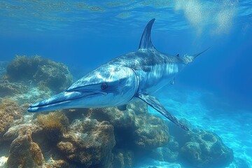 Obraz premium Majestic Sailfish Swims Through Ocean Depths