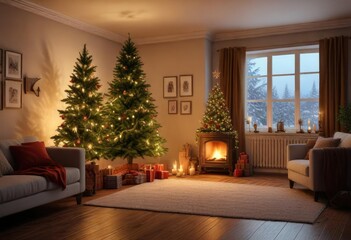 A warm and cozy living room with a Christmas tree and soft candlelight, inviting ambiance, Christmas tree, warm colors