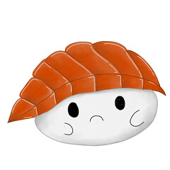 Cute Cartoon Salmon Sake Nigiri Sushi with Sad Expression, Japanese Food Art, Cute Food Illustration