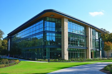 Obraz premium Modern Glass and Stone Office Building on a Sunny Day