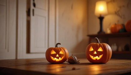 Fototapeta premium A warm candle on a wooden table illuminates a single jack-o'-lantern pumpkin in the corner of a cozy room , pumpkin decoration, interior lighting, wooden table