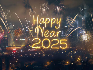 A city skyline illuminated by a grand fireworks show, with "Happy New Year 2025" written in bold, sparkling golden letters.