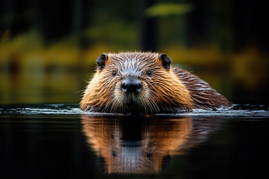 North American Beaver Swimming In Dark Water - Powered by Adobe