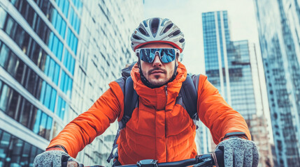 Bike messenger riding bicycle in city center delivering food