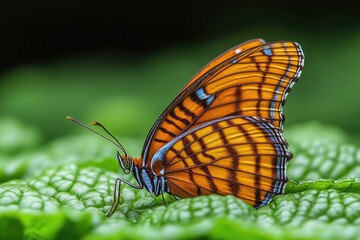 Orange Butterfly Resting on Green Leaf