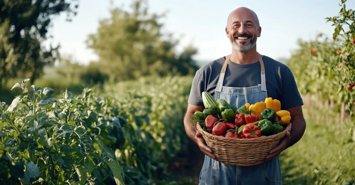 Un agriculteur chauve tenant un panier de l&eacute;gumes frais, souriant, portant une salopette, jardin et cultures en arri&egrave;re-plan.