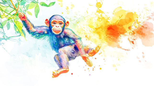 Playful monkey swinging from a vine in a vibrant watercolor style, vector illustration with flat white background, featuring lively details and dynamic movement.