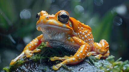 Closeup of a frog sitting on watery floor of garden in blur background