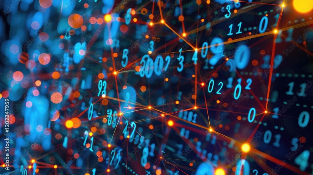 Poster vibrant abstract representation of data networks featuring intricate patterns of numbers and glowing