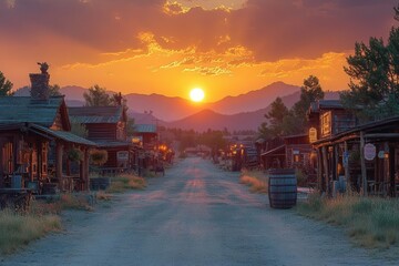 Fototapeta premium small old western town with historic wooden buildings lining a dusty street, bathed in the warm hues of a serene sunset, capturing the nostalgic essence of frontier life