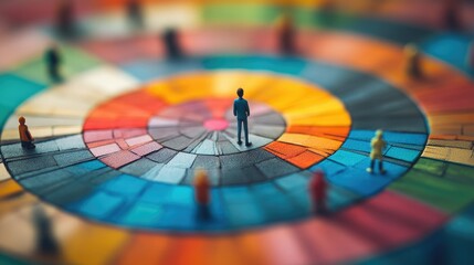 A central blue figure stands on a multicolored target-like surface with concentric circles