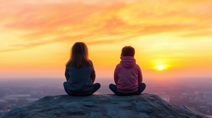 Children watch sunset from mountaintop, city view