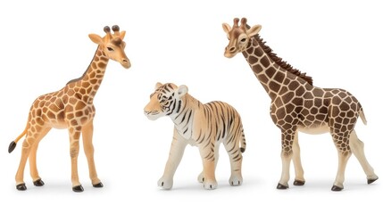 In a studio setting, three intricately designed plastic toy figurines are displayed against a white background