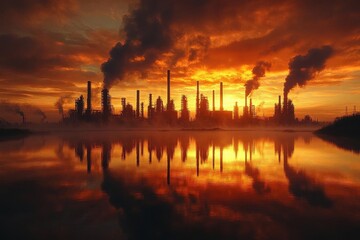smog-filled industrial landscape at dawn, with factory smokestacks silhouetted against an orange sky, reflecting in contaminated water