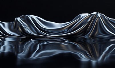 Abstract 3D Render of Metallic Waves with Reflective Surface on Black Background