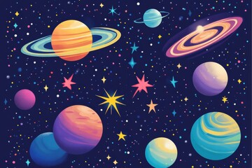 Vibrant cosmic artwork featuring colorful planets and sparkling stars in a mesmerizing galaxy setting. Generative AI