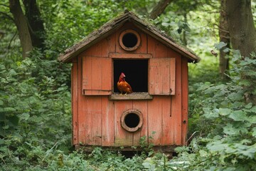 Rooster in Old Wooden Coop Nestled in Woods