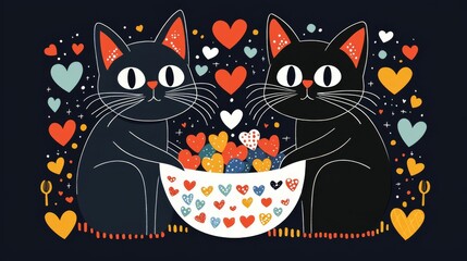 Two cats surrounded by hearts and colorful designs.