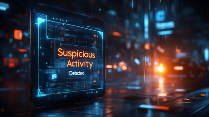 Email screen glowing with a warning "Suspicious Activity Detected", clean background. Bright lighting, contrast