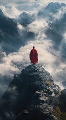 Monk in a red robe stands on the top of a mountain, with a back view and a cloudy sky background
