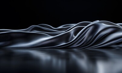 Abstract waves of dark silk fabric with reflection on a polished surface