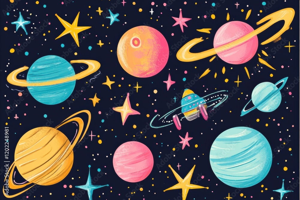Poster vibrant galaxy print featuring colorful stars, planets, and a whimsical spaceship floating in a cosm