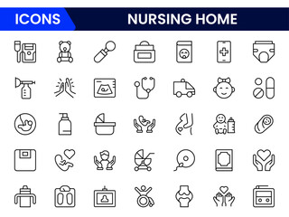 The nursing home icon is set with elderly care, disabled, nurse, emergency, medical, hospital, responsibility, and caring.