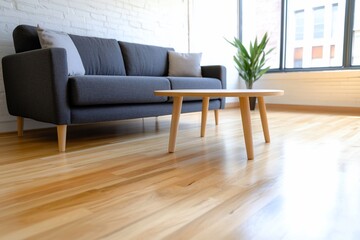 Modern living room, sofa, coffee table, hardwood floor, city view