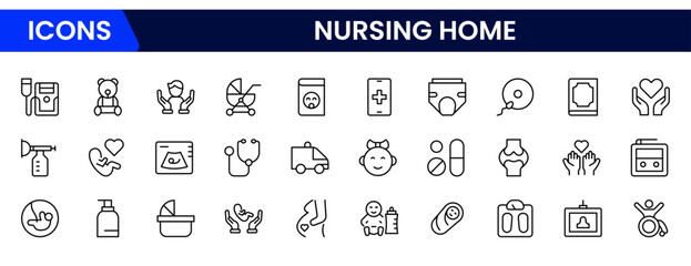 The nursing home icon is set with elderly care, disabled, nurse, emergency, medical, hospital, responsibility, and caring.