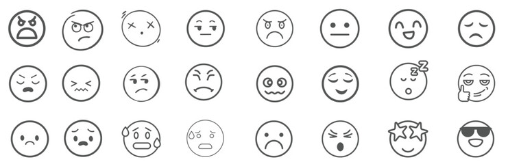 A set of 24 monochrome circular emoji icons displaying various facial expressions and emotions. Simple line-style illustrations include happy, sad, angry, surprised, love.