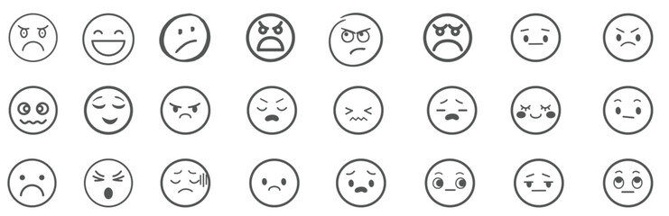 A set of 24 monochrome circular emoji icons displaying various facial expressions and emotions. Simple line-style illustrations include happy, sad, angry, surprised, love.