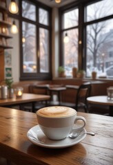 Fototapeta premium A winter morning scene in a coffee shop with a steaming hot cappuccino, steam rising, cozy atmosphere, holiday theme