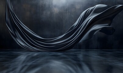 Abstract dark flowing fabric against a textured dark background with reflections on the floor
