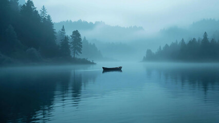 Obraz premium Misty Lake Serenity with Small Wooden Boat Floating in the Lake