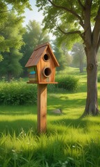 A wooden birdhouse in a green meadow with a few trees , natural, lawn